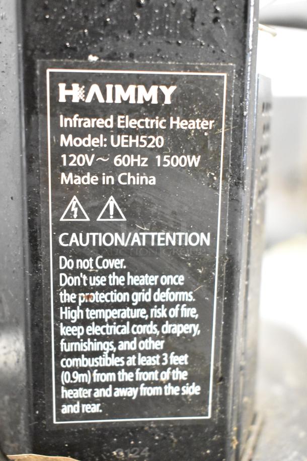 Haimmy UEH520 Infrared Electric Heater label detailing model, voltage, and cautionary instructions.
