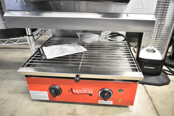 Brand new Avantco 177SAL17M 17" electric countertop salamander, 208/240V, red panel, visible controls, with manual.