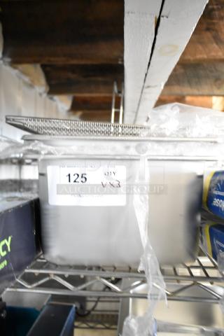 3 brand new Vigor anti-jam stainless steel steam table pans, 1/2 size, 6" deep, 22 gauge, with sediment tray, minor scratches/dents.
