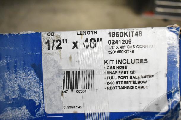 Brand new Dormont 1650KIT48 Deluxe SnapFast® 48" gas connector kit, includes two elbows and restraining cable, 1/2" diameter.