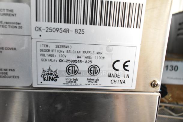 2025 Carnival King 382WBM13 Non-Stick Belgian Waffle Maker, 120V, 1100W. New with minor scratches, CE, ETL certified, made in China.