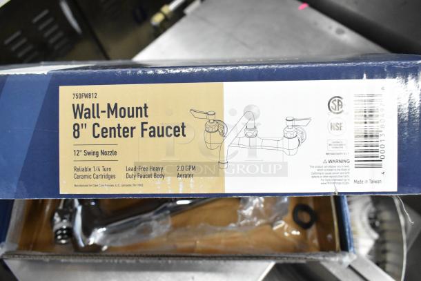 BRAND NEW SCRATCH AND DENT! Waterloo 750FW812 wall-mounted faucet, 8" centers, 12" swing spout, in original packaging.