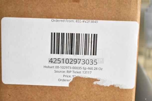 Brown box with label showing barcode, part number 425102973035, and description "Hobart 00-102973-00035 Ep 460 28 Oz."