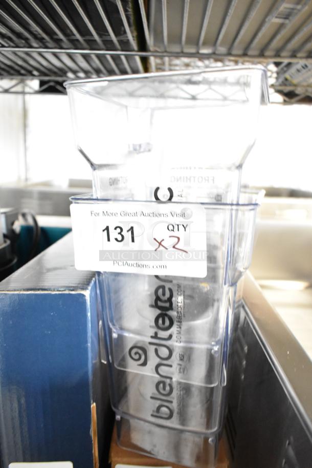 2 new Blendtec FourSide 40-611-60 75 oz. clear frothing jars, scratch and dent, no lids, with Blendtec logo visible.