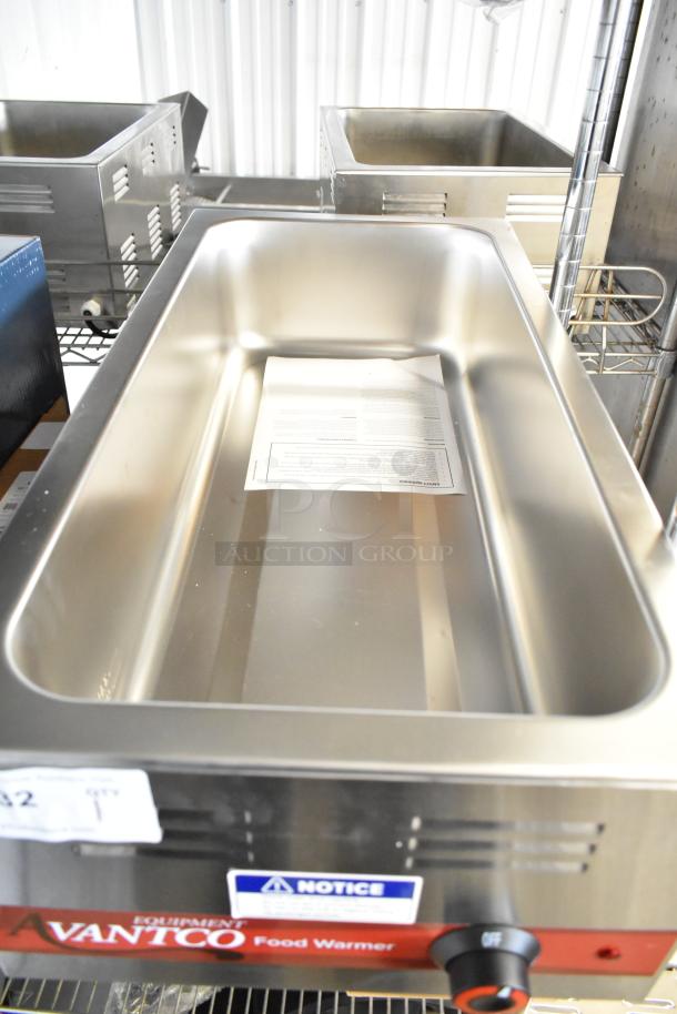Brand new Avantco 177W43 4/3 size electric countertop food warmer, 12"x27", 120 volts, labeled with notice and controls.