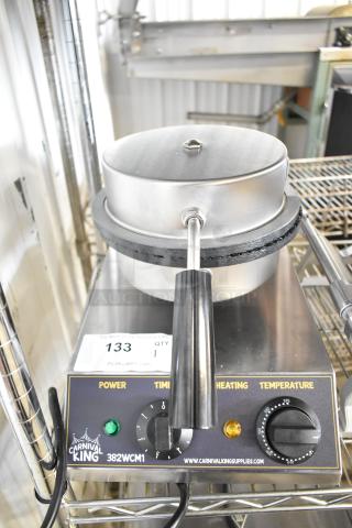 Carnival King 382WCM1 8" non-stick waffle cone maker, brand new, minor scratches, 120V, controls for power, time, and temperature.