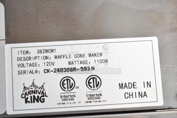 Carnival King waffle cone maker model 382WCM1, 120V, 1100W, scratch and dent, new, serial CK-240308R-593N, made in China.