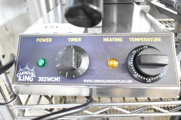 Brand new Carnival King 382WCM1 waffle cone maker, non-stick, 8-inch. Features controls for power, timer, heating, temperature.