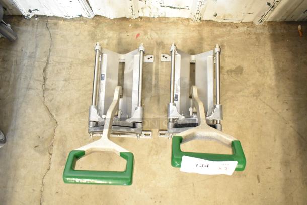 Two brand new Garde heavy-duty French fry cutters, models FC14 (1/4") and FC38 (3/8"), with green handles.