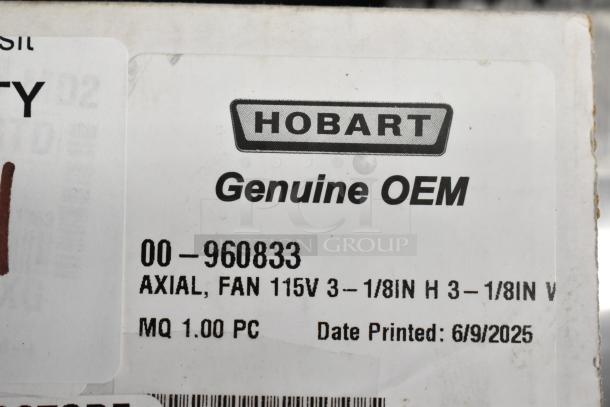 "Brand new Vulcan 00-960833 axial fan, 115V, 3-1/8" dimensions, slight scratch and dent, genuine OEM label visible."