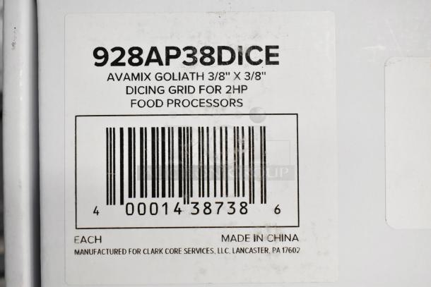 AvaMix 928AP38DICE Goliath 3/8" dicing grid label for 2HP food processors, made in China.