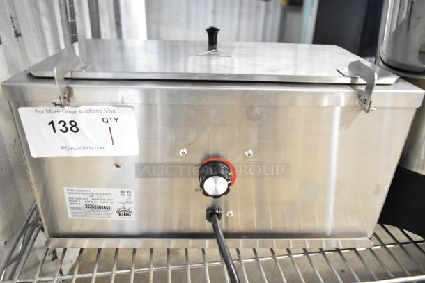 Brand new 2025 Carnival King 382CDPW2 double cone dip warmer, 3 Qt., 120 Volts, 1 Phase, visible knobs, and labels.