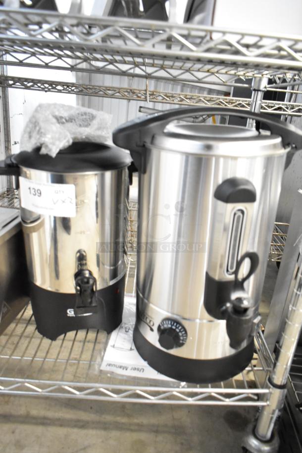 Brand new Avantco WB8L 2.1 gallon water boiler and Galaxy 30 cup coffee urn. Stainless steel, 120V, slight dent.