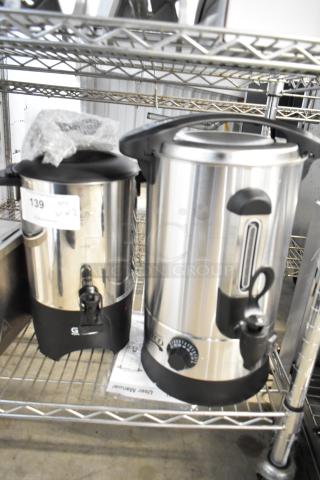 Brand new Avantco WB8L 2.1 gallon water boiler and Galaxy 30 cup coffee urn. Stainless steel, 120V, slight dent.