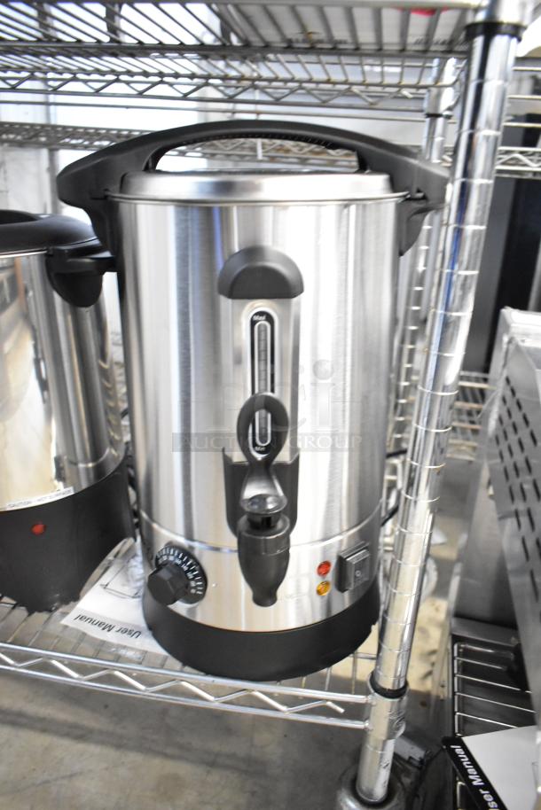 Stainless steel Avantco WB8L 2.1 gallon water boiler, new scratch and dent, with spigot and control dial on shelf.