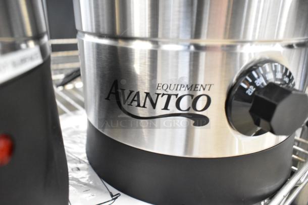Brand new Avantco WB8L water boiler and Galaxy 30-cup coffee urn, stainless steel, shown with temperature dial.