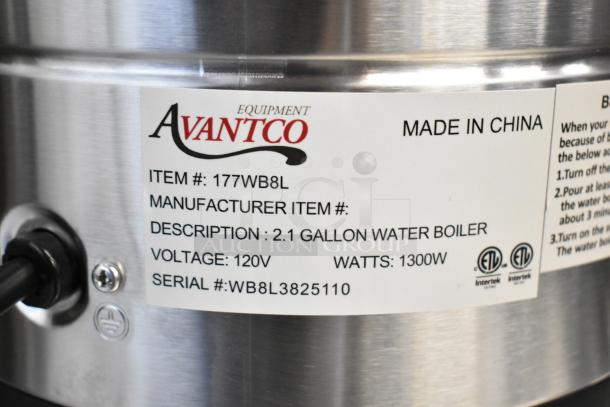 Alt text: Avantco WB8L 2.1 Gallon Water Boiler label, 120V, 1300W, serial WB8L3825110, made in China.