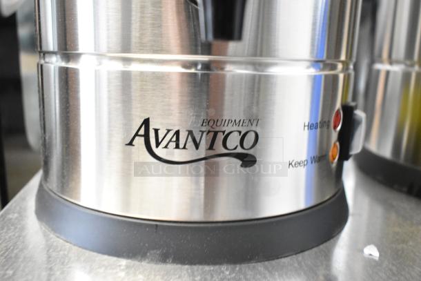 Avantco stainless steel coffee urn, showing double-wall design with heating and keep warm indicators. Brand logo visible.