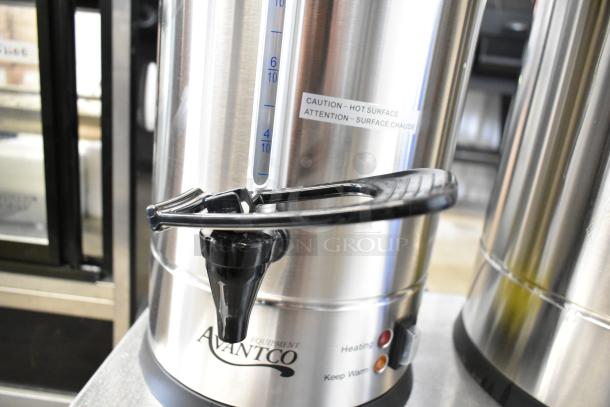 Avantco CU45ETL stainless steel coffee urn with spout, visible caution label, heating and keep warm indicators.