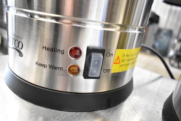 Avantco stainless steel coffee urn with heating and keep warm indicators, on/off switch, and safety label.