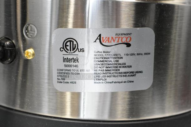 Avantco stainless steel coffee urn label, Model 177CU45ETL, 110-120V, 950W, certified to UL and CSA standards, scratch and dent condition.