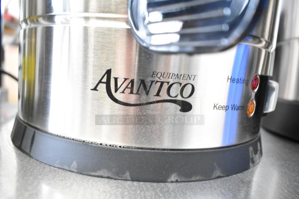 Avantco stainless steel coffee urn, brand marking visible, heating and keep warm indicators, new condition.