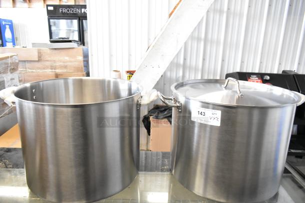 2 Vigor SS1 Series 60 Qt. Stock Pots, heavy-duty stainless steel, aluminum-clad. 1 pot with lid. New scratch and dent condition.