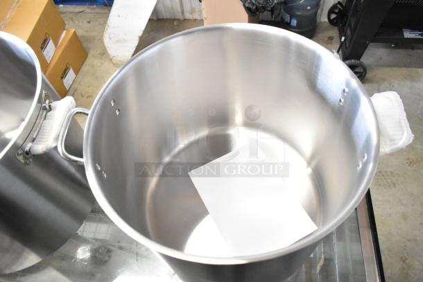 2 Vigor SS1 Series 60 Qt. stainless steel aluminum-clad stock pots, scratch and dent, 1 with lid, heavy-duty design.