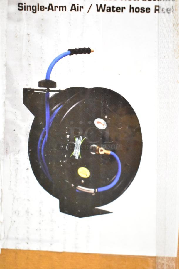 Regency powder-coated steel air/water hose reel with 30' hose, single-arm design. New, scratch and dent condition.
