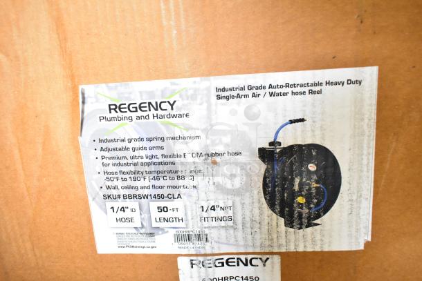 Regency air hose reel with 50' x 1/4" hose and water hose reel with 30' x 1/4" hose, powder-coated steel. Brand new.