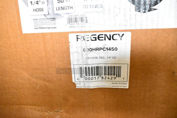 Regency air hose reel label, model 600HRPC1450, 1/4" x 50' hose, made in India, powder-coated steel, new condition.