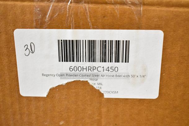 Barcoded label on Regency Open Powder-Coated Steel Air Hose Reel box, model 600HRPC1450, with 50' x 1/4" hose.