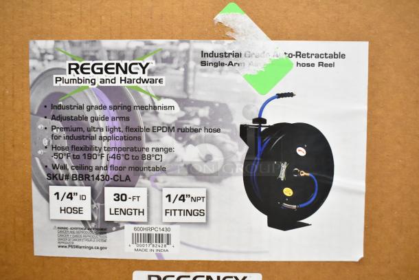 Two Regency open powder-coated steel air/water hose reels, models 600HRPC1230 and 600HRPC1250, brand new with tags.