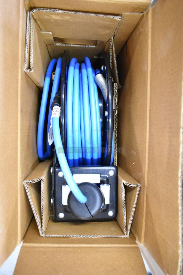 Regency powder-coated steel hose reel in box, new, model 600HRPC1230, includes 30' x 1/2" hose, visible tag.