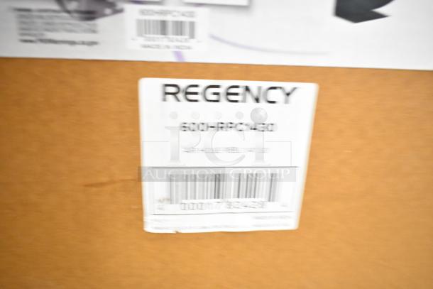 Regency air/water hose reel model 600HRPC1230 label on box, barcode visible.