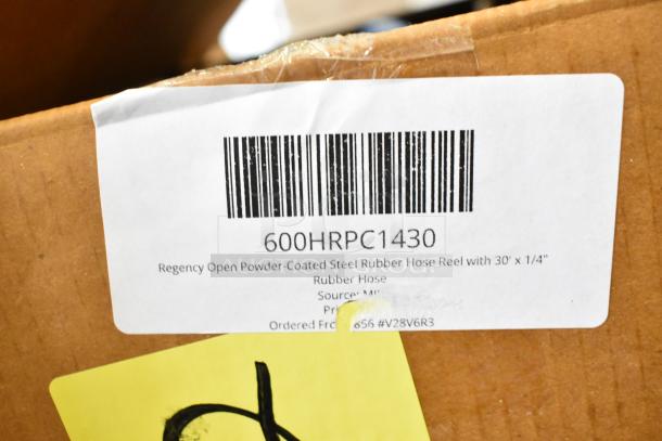 Labels on the box for Regency hose reels, models 600HRPC1230 and 600HRPC1250, show specifications.