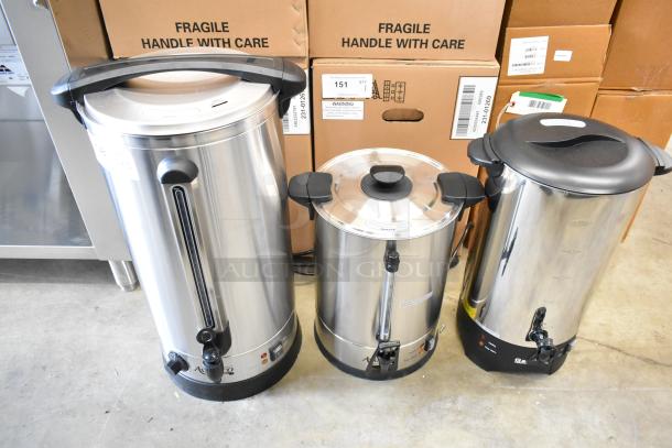 Three brand new appliances including an Avantco WB29L 29L water boiler, Galaxy 100 cup coffee urn, and a third similar item.