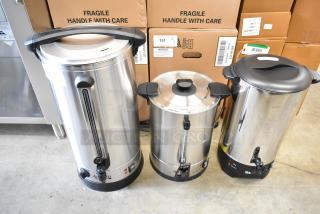 Three brand new appliances including an Avantco WB29L 29L water boiler, Galaxy 100 cup coffee urn, and a third similar item.