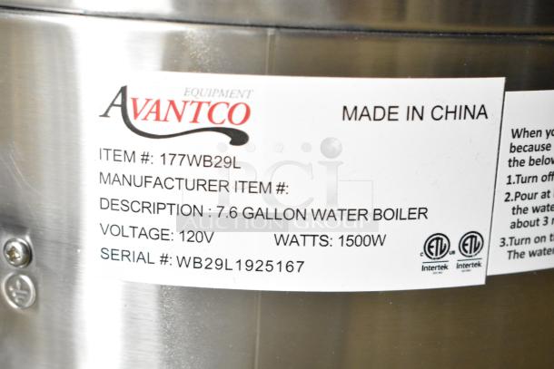 Avantco WB29L 7.6-gallon 196-cup water boiler label, showing details: 120V, 1500W, and serial number WB29L1925167.