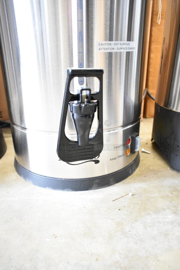 Three brand new items: Avantco WB29L 7.6-gallon water boiler and Galaxy 100-cup coffee urn. Stainless steel, 1500W, scratch and dent condition.