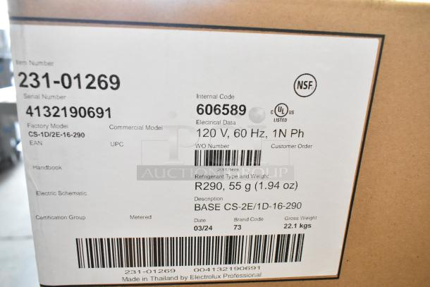 Alt text: "Box label of 2024 Crathco CS-2E/1D-16-290 Beverage Machine Base, 120V, 1 Phase, R290 refrigerant, made by Electrolux."