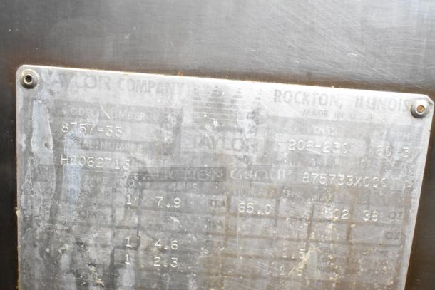 Taylor 8757-33 soft serve machine label, 2 flavors with twist, 208-230V, 3-phase, model 8757-33, serial H8062713.