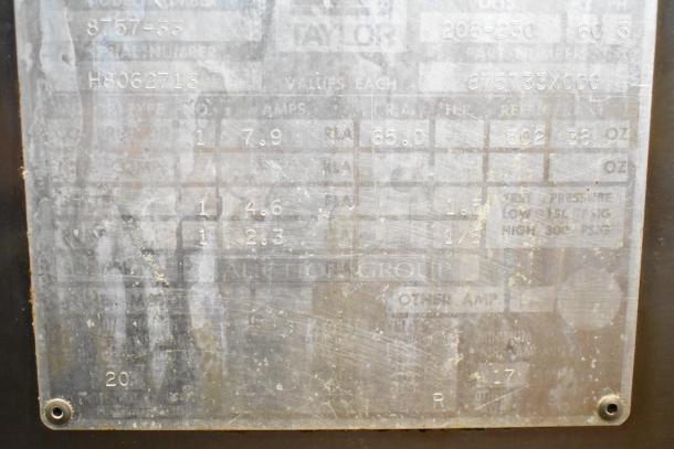 Taylor 8757-33 Commercial Soft Serve Ice Cream Machine label, showing model, serial number, and electrical specs.