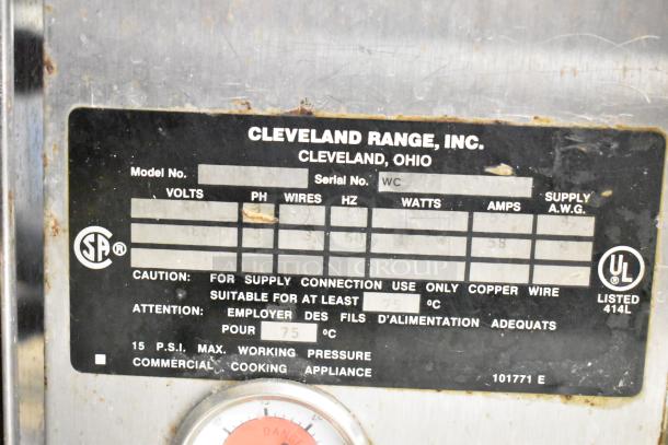 Cleveland Commercial 2 Deck Pressure Steam Cabinet, model WC, serial WC; max 15 PSI, suitable for 75°C, uses copper wire.