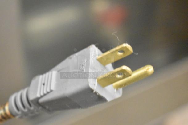 Close-up of a two-prong electrical plug connected to a BKI AETG101R combi convection oven.