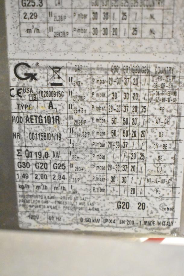 Label on BKI AETG101R stainless steel combi convection oven showing model, type, gas specifications, and power details.