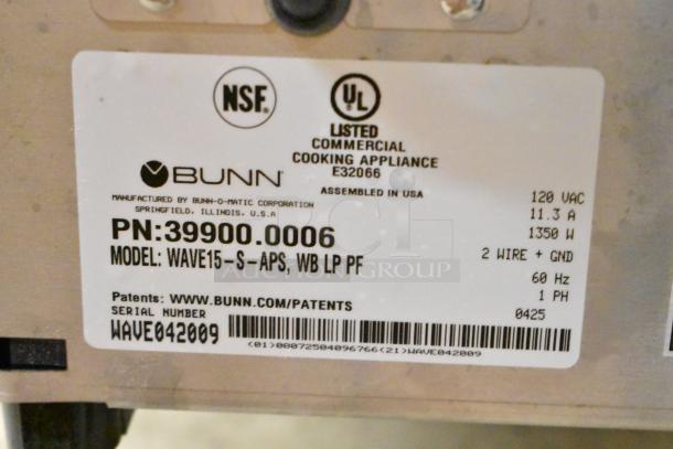 Label of Bunn WAVE15-S-APS coffee brewer, showing serial number WAVE042009. Features NSF and UL listings.