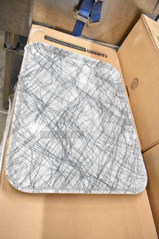 30 BRAND NEW SCRATCH AND DENT! Cambro 16225277 16 1/2" x 22 1/2" Rectangular Swirl Gray Customizable Fiberglass Camtray - 12/Case. 30 Times Your Bid!