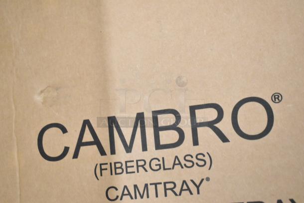 Cambro Camtray box showing branding; contains 16.5"x22.5" swirl gray fiberglass trays. Some are scratch and dent.