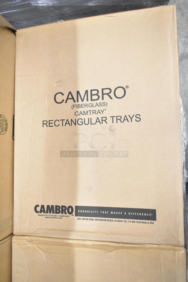 Cardboard box with "Cambro Fiberglass Camtray Rectangular Trays" text. Contains 16.5x22.5 inch customizable swirl gray trays. Made in USA.
